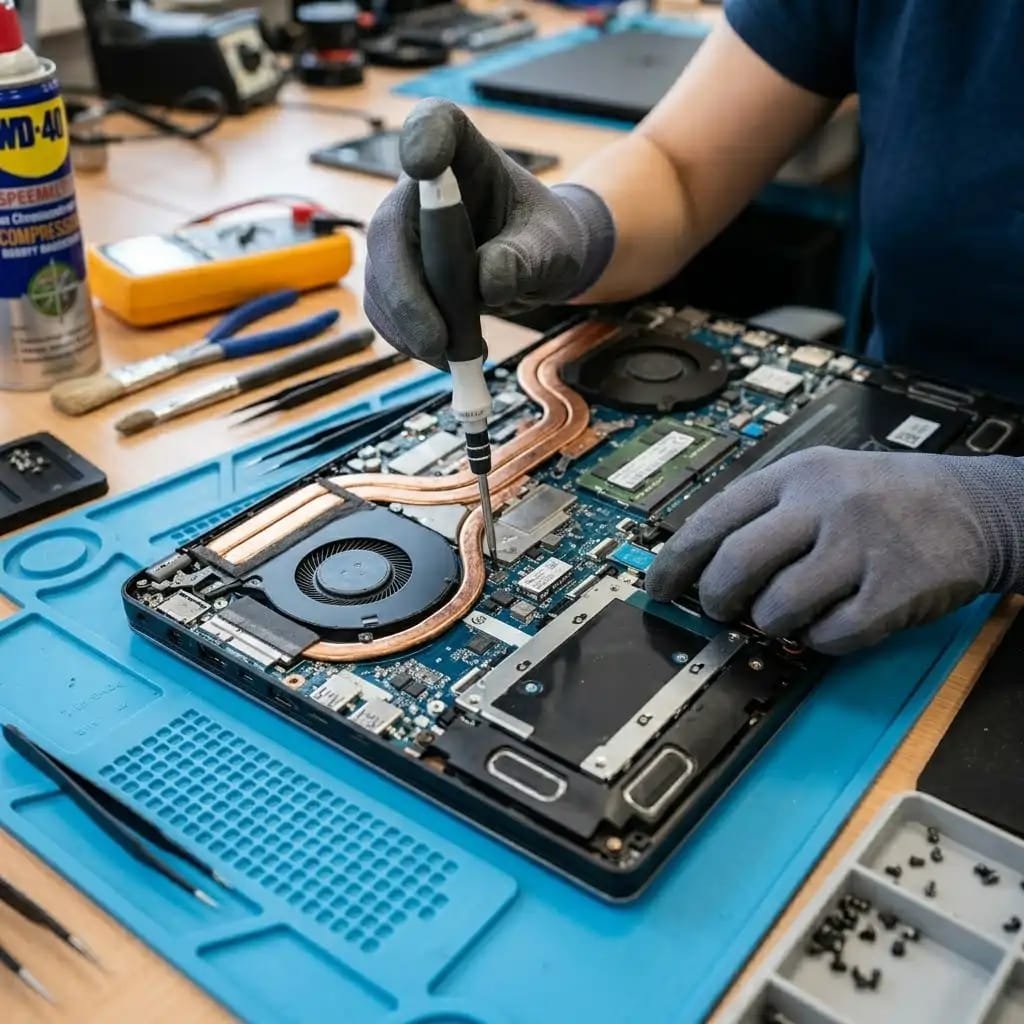 Soldering repair on a Lenovo laptop motherboard by a Cadlinc technician in Bangalore